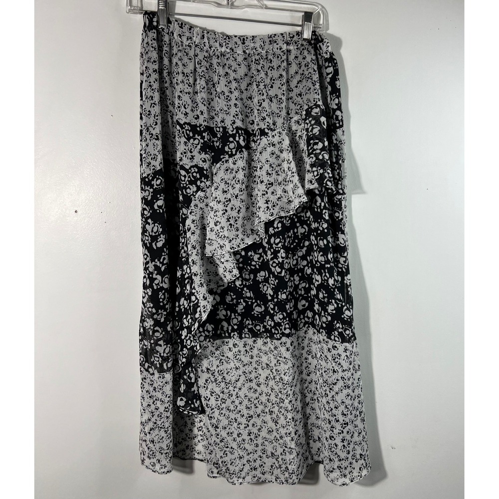 Womens Joie Floral Ruffled Skirt Lined‎ Crinkled Polyester L White Black